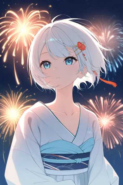 New Years costume, various fireworks in the night sky, collarbone, nap, short hair, bangs, blue eyes, hair ornament, white hair, hairpin, Hatsune Miku dressed in an outfit similar to hers.