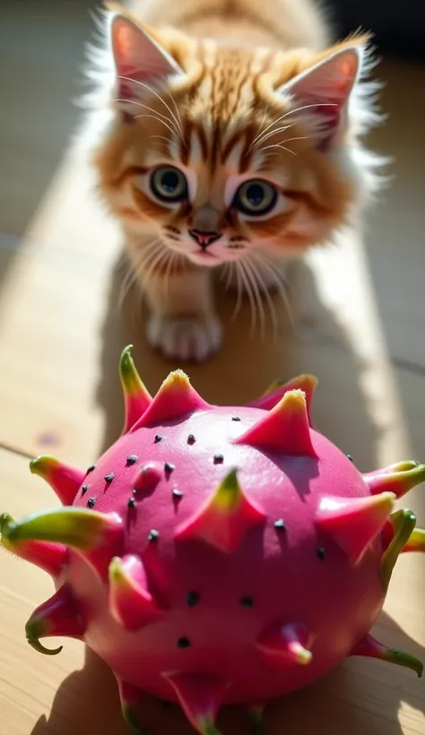 At the top of the frame, a fluffy, cute cat with large, bright green eyes is walking toward the camera. The cats fur is smooth and glossy, and it has a playful, curious expression on its face. Below, a vibrant pink dragon fruit rests on a wooden table, its...