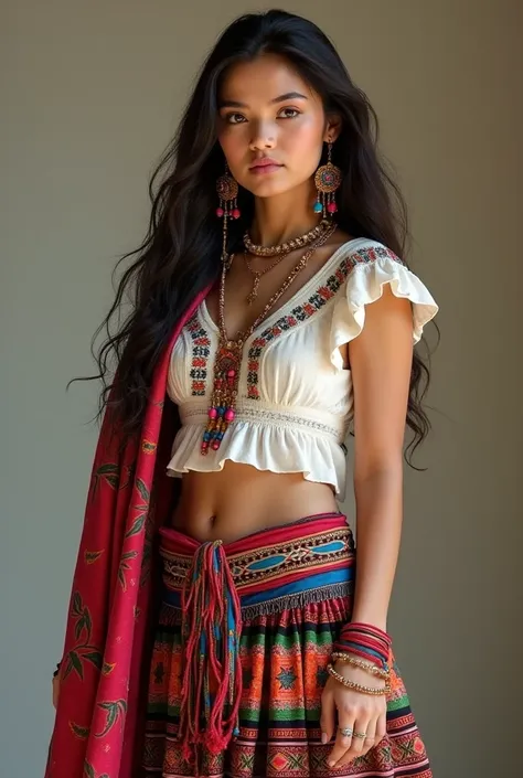 A full image of a beautiful shapely young Latin American woman wearing ethnic Peruvian clothes.