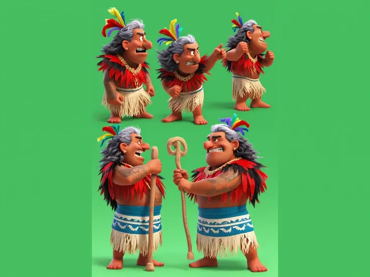 A Disney Pixar-style 3D cartoon character sheet featuring a Polynesian priest named Mahana with exaggerated, robust, and cartoonish proportions. Mahana is 55 years old with a tall and slightly round build. He has long, gray hair styled in a playful, elabor...