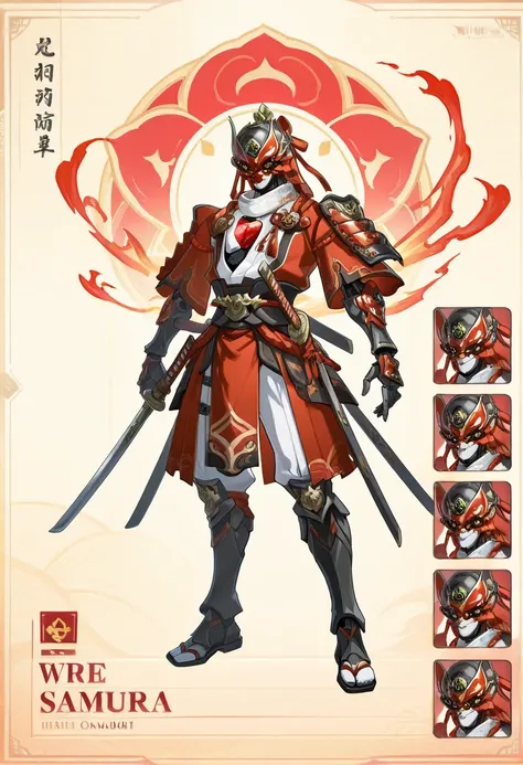 1 ancient samurai robot, three swords, full body, red jewel on the chest, several masks with different expressions