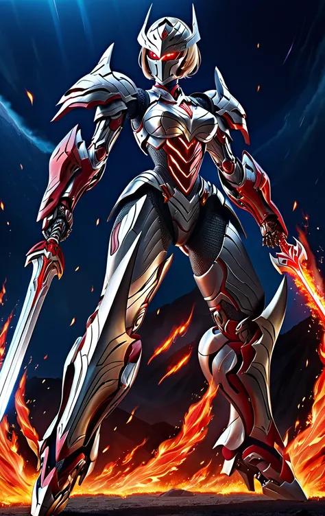 A female robot knight with breathtakingly beautiful beauty、Female form、 swings around with a sword in both hands through intense flames、Red glowing eyes、Max of Steel 