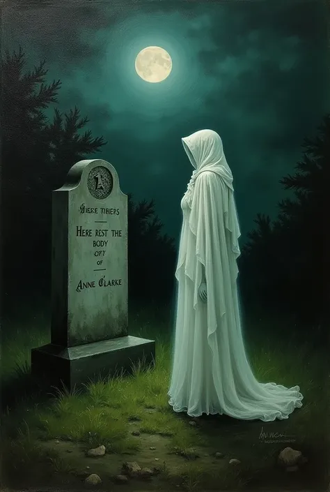 Painting in the style of Rembrandt: A Graveyard at night, the moon shines, a grave and on the tombstone is written "Here rests the body of Anne Clarke." In front of the grave stands the almost transparent, white ghost of a Young Woman, clad in a hooded gar...