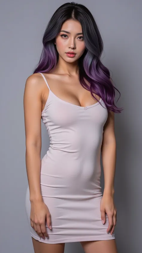 Beautiful full body woman in dress tucked up at her knees, 25 years old,  hair dyed in a gradient of uncommon colors ,  like metallic violet that melts into pearl gray,  long hair,  wavy hair, olive-tone skin , big eyes bright amber 