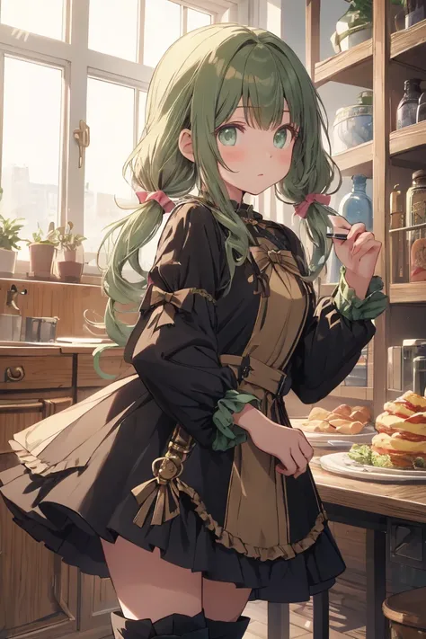 (masterpiece), (best quality), detailed,
1 girl, soro, twintails, long wavy hair twintails.hairs between eyes,dark green eyes ,dark green hair, (magical girl:1.2),
bow, dress, (pink:0.6), over legwear, boots, too many frills, too many bow, standing,striped...