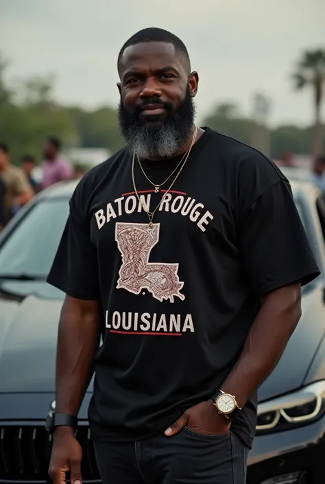 African american male, thick full beard that frames his face with spots of gray, dark skin complexion, short cropped hair, grillz on bottom and top teeth, wearing a baton rouge Louisiana T shirt and black jeans, rolex watch on wrist, standing by a black sp...