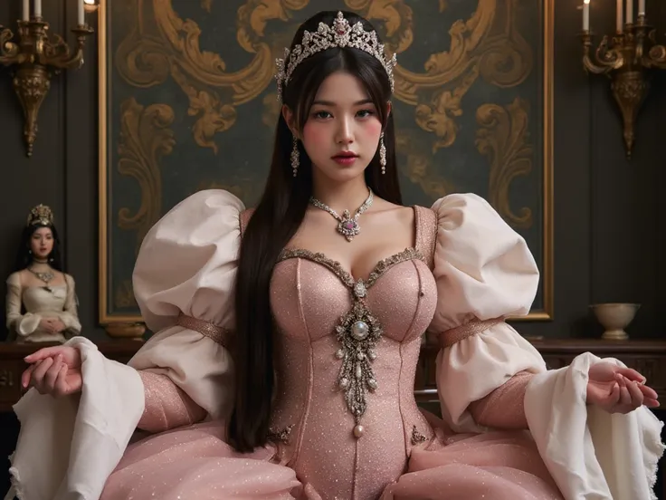 highly detailed, hyper-realistic photograph, beautiful queen, detailed face and eyes and mouth, adorned with intricate jewelry and pearl adornments,

 divine beautiful queen goddess empress, (pregnant with galaxy:1.25), (absurd shaped giant tall massive he...