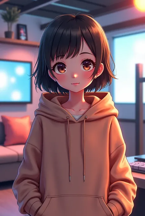 A girl wearing a hoodie background YouTube studio anime style 