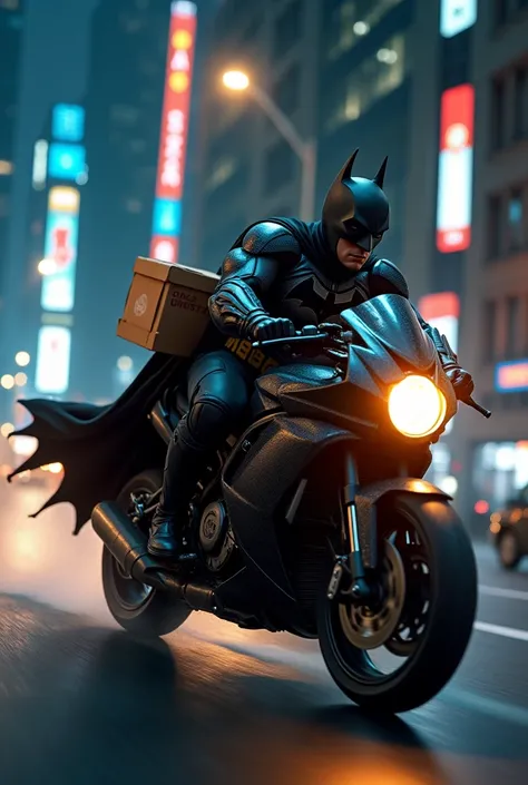 Bat man deliver pizza at night,bike,new york city,speed