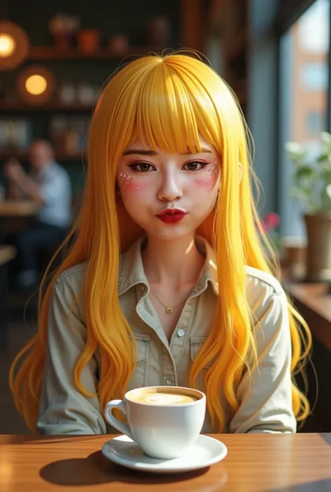 one girl with yellow long haired with bangs and black eyebrows on the table inside coffeshop, picture taken from front of her