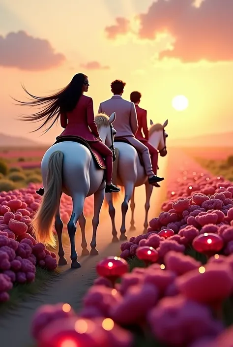 Three people riding a white horse ,a woman with very long hair ,a man with semi-long black hair and another man with curly hair ,The three of them heading towards the horizons passing a path surrounded by precious ruby stones