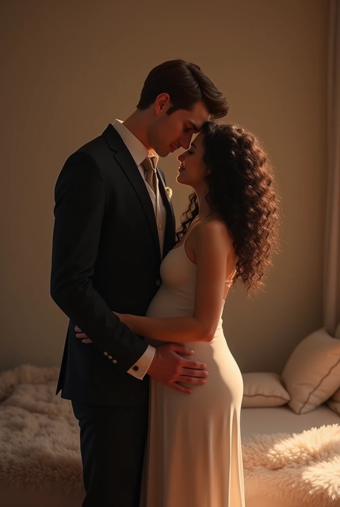 Tall brown-haired man dressed in a suit hugging a pregnant woman with dark brown curly hair 