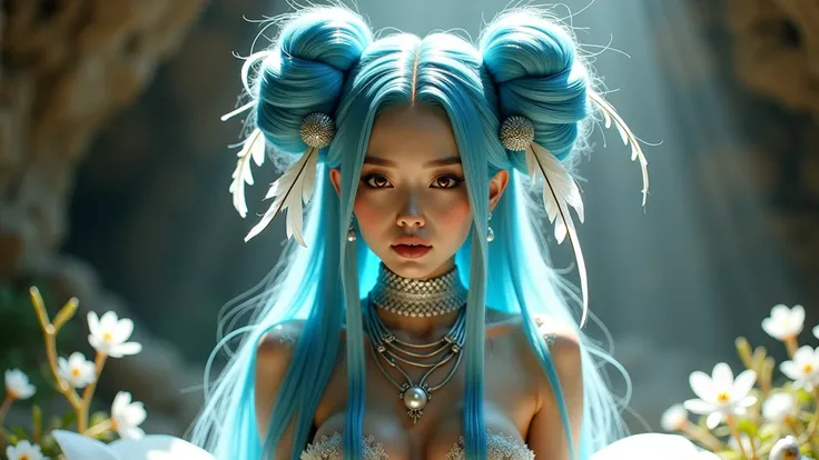 A beautiful fascinating biomechanical female korean cyborg with a porcelain face, she has long blue hair with huge double bun head, analog, beautiful natural light, rim light, 1 5 0 mm lens, aztec warrior, feathers, piercing, aztec tattoos, white blossoms,...