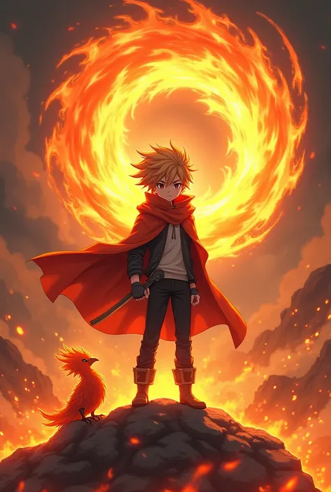 A boy of  is standing in a rock surrounded by fire and lava , he wears a black pants and black and fire coat, he shows magic of fire, a magical fire spiral force is seen behind him, his hair is blowing in the wind, anime style, masterpiece, his face is det...