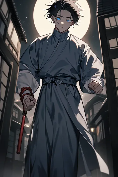 a male character that mixes Satoru Gojo and Subaru Natsuki from Jujutsu Kaisen wearing the clothes of Yuta Okkotsu with white and black hair and light blue eyes with a light purple pupil with a Toji-like Nunchaku and this character is in a village during t...