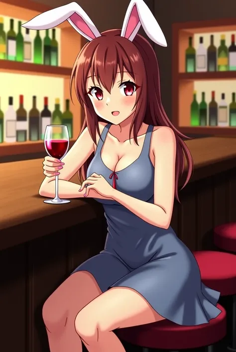 anime girl in bunny ears sitting on a bar with a glass of wine, an anime drawing by Shitao, pixiv, shin hanga, seductive anime girl, with a drink, at a bar, in a bar, sitting at the bar, beautiful alluring anime woman, marin kitagawa fanart, sitting at a b...