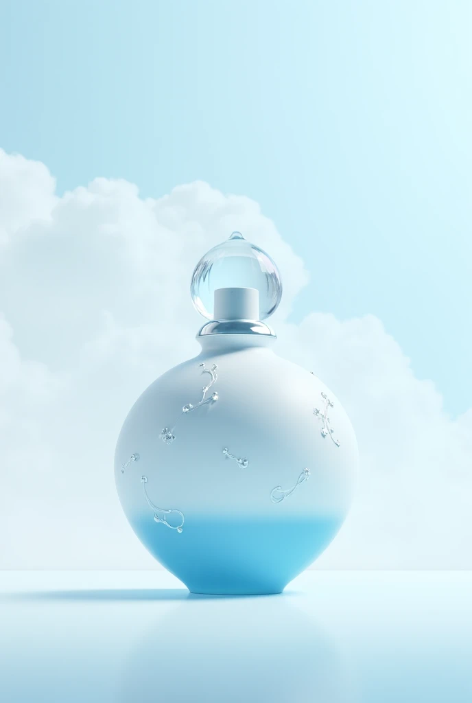 A perfume bottle inspired by the concept of stillness and clouds in the sky. The bottle has a smooth, rounded shape, resembling the softness of a cloud, with a slightly domed base that conveys lightness. The main color is matte white, with subtle pearlesce...