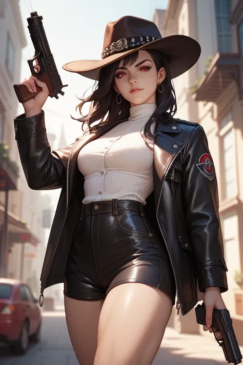 Girl with dark hat pale skin old western cowboy clothing dark red eyes guns marked muscles dark hair long dark leather jacket cowboy gun in the middle of a canteen 