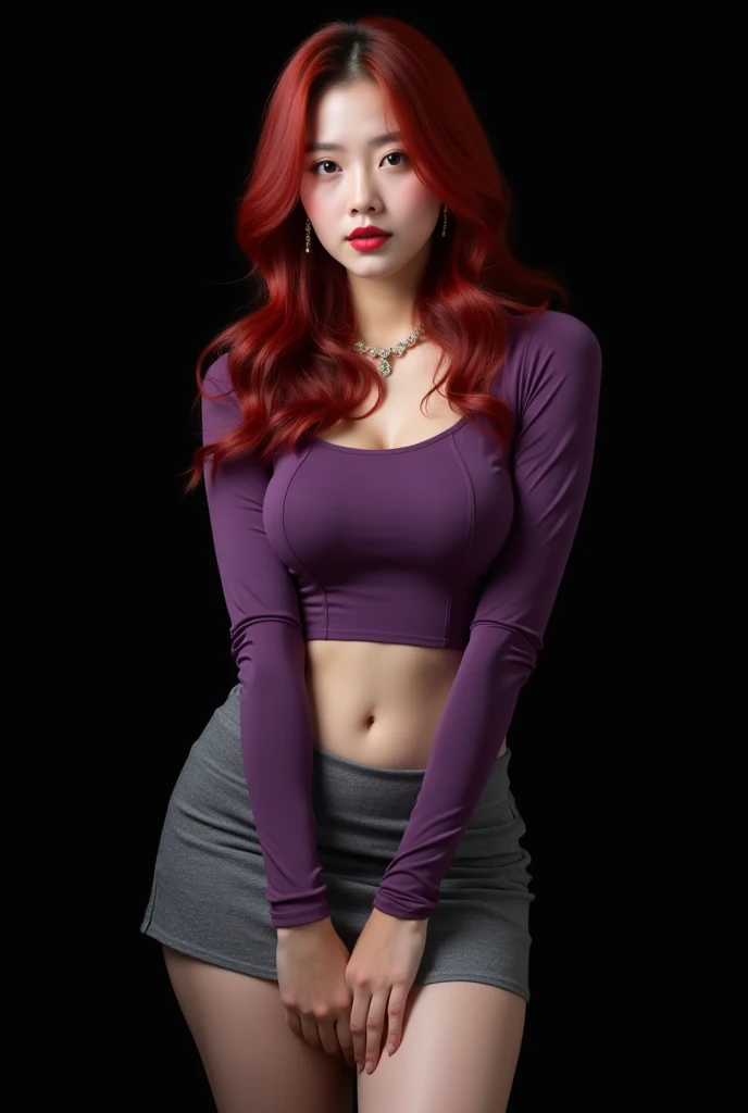  young Korean woman with a delicate and harmonious face Her extremely long and straight hair, loose hair , It is a vibrant ruby red color  . Sus labios,  of an intense dark red  ,  stand out on your face  ,  while her black eyes  , deep and expressive  ,  ...