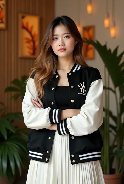 A Korean woman, (chubby) with a confident expression, her brown long hair highlighted with blonde, wearing a black varsity jacket with white sleeves was rolled up casually in his arms, paired with a black top  and a pleated white skirt. The background feat...