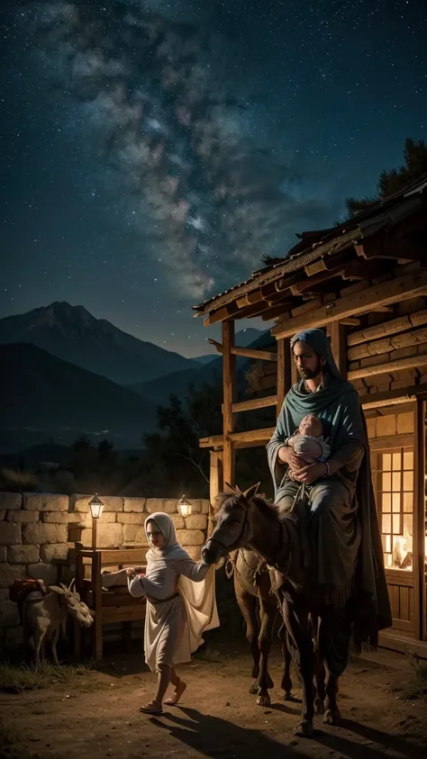 "The Escape of Joseph, Mary and the Baby Jesus"
A humble family travels at night, riding a donkey. Joseph, in a simple tunic, leads the animal while Mary holds a baby wrapped in cloaks. Stars light the way, with distant mountains on the horizon.