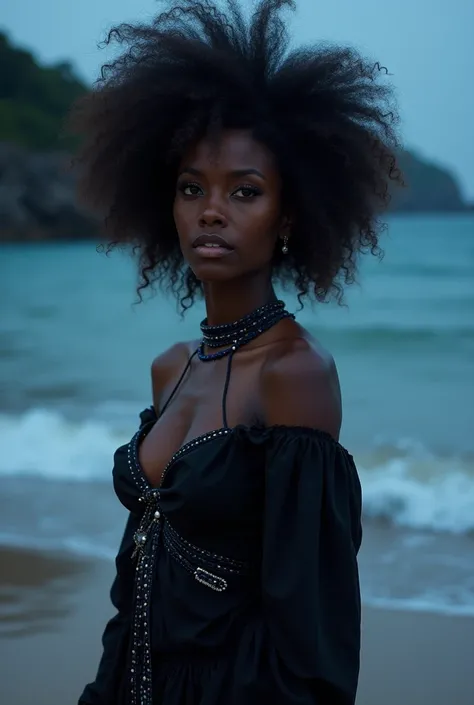  Pombagira aged about 17, on the beach at night, wearing black and night blue .  full body image

