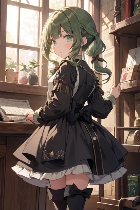 (masterpiece), (best quality), detailed,
1 girl, soro, twintails, long wavy hair twintails.hairs between eyes,dark green eyes ,dark green hair, (magical girl:1.2),
bow, dress, (pink:0.6), over legwear, boots, too many frills, too many bow, standing,striped...