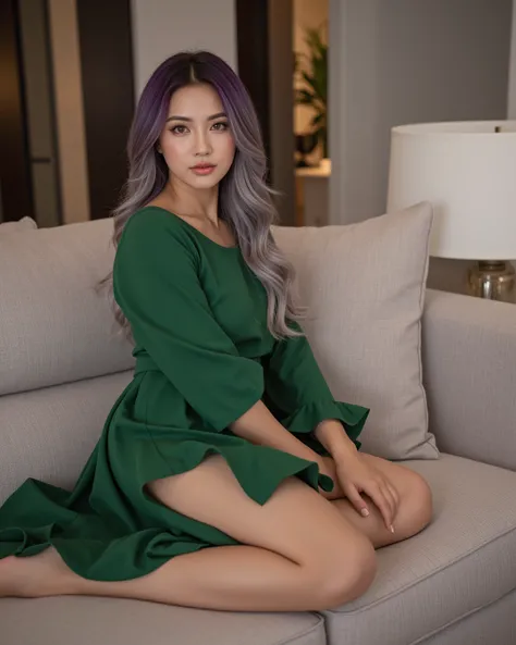  Beautiful woman sitting full body in green dress, on sofa 25 years old ,  hair dyed in a gradient of uncommon colors ,  like metallic violet that melts into pearl gray,  long hair,  wavy hair, olive-tone skin , big eyes bright amber 