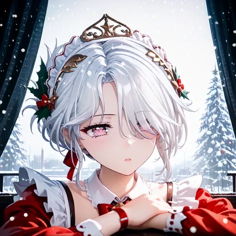 UN(EOE),youen(EOE),one girl,solo,best quality, masterpiece,score_9, score_8_up, score_7_up, score_6_up, source_anime, beautiful girl, iris midgar, perfect anatomy, (photoshooting studio scenery),,break,1girl,(snowing,winter,christmas theme,christmas tree,b...