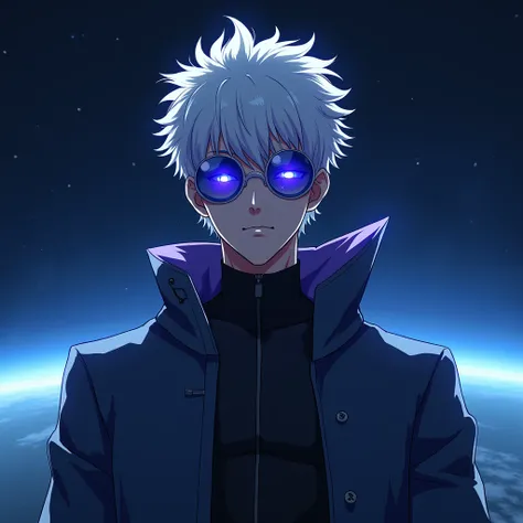 Male gojo satoru from the anime magical battle with round sunglasses against the background of space with an aeretic face blue eyes glow slightly in purple photo not full length