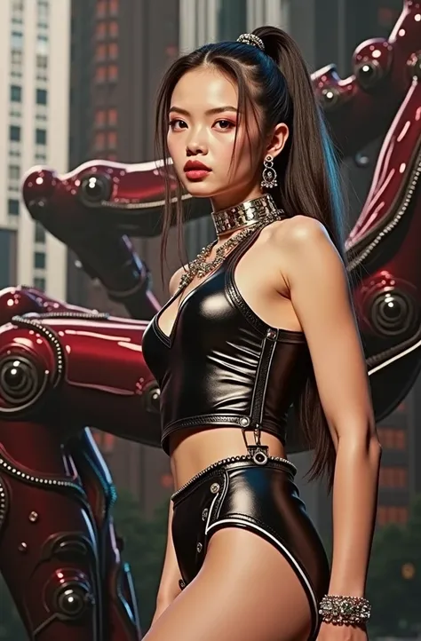 kinematics, foreground(high quality), (Masterpiece), (detailed), 8K in a hyper-realistic digital representation, It is located in the middle of a futuristic urban landscape, embodying the essence of (yuimetal1.3). Her vibrant outfit clashes with the elegan...