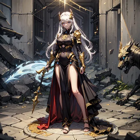 (((masterpiece, best quality, high detailed, 16k))) (1girl) A striking female warrior, clad in gleaming golden armor with a large scale in one hand, symbolizing balance and fairness. Her long flowing silver hair matches her piercing blue eyes. The battlefi...