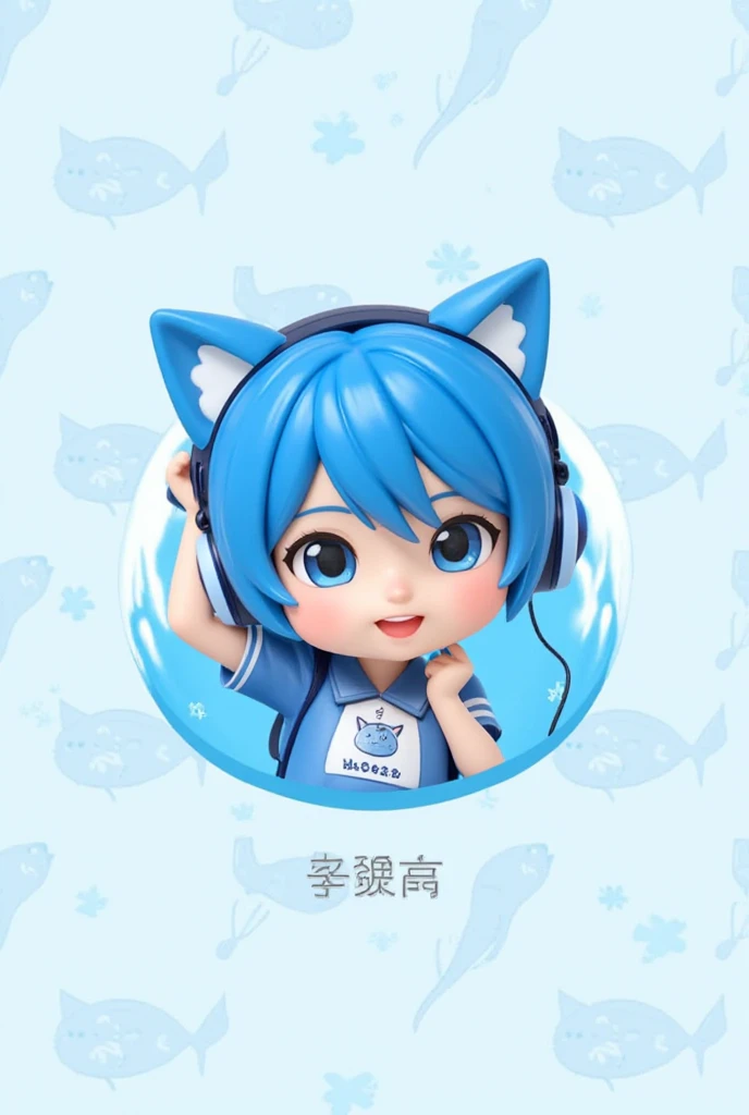 3D Drawings CopperText Blue Hair Boy Logo Design With Cat Headphones, Cute Pattern Of Cat With Cute Fish Tones In Light Blue Tone