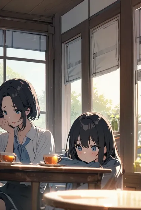 In the afternoon, a girl with long black hair and a blue lock is drinking quiet tea near a window in a dining room and another girl comes to try to annoy her without any emotion