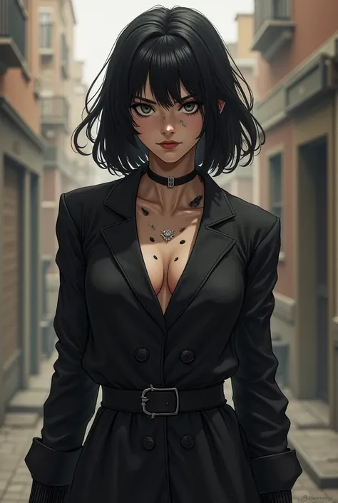 Creates an image with this information:  Hero ( old girl)
• Name: [To be decided]
• Appearance:  Black hair,  gray eyes,  slim build , Burn scars from lower chest to upper knees.
 • Personality : cold, calculator, emotionally reserved. despite her hardness...