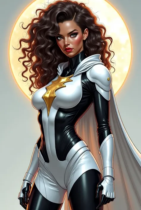 In comic style, make a brown teenage superhero with very curly hair.  Her white armor is very sexy with a skirt and a long heel boot,  the colors are black and white with a lot of shine .  She also has a hooded cape , And dont forget the mask .

( the titl...