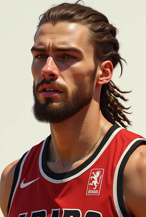  Make a portrait of a white German basketball player, with braids and brown hair . with goatee.