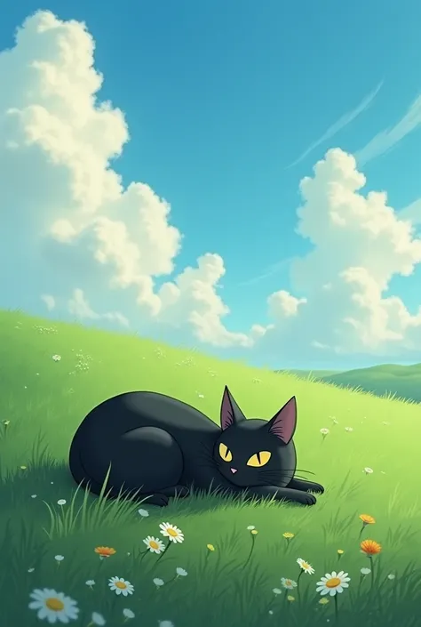 A Black cat on green grass, blue sky with clouds. Style look like ghibli
