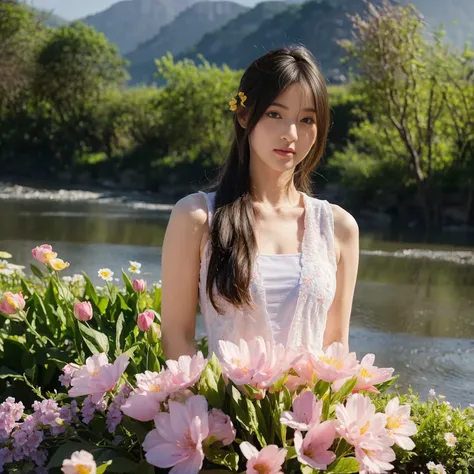 (masterpiece, best quality:1.2, 8k RAW photo, 1girl, solo, natural soft lighting), (medium breast), standing in the blooming colorfull flower field, mountains, lake and waterfall background, upper body, looking at camera