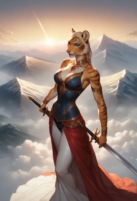  masterpiece ,  Better quality,  Ultra-detailed, score_9, score_8_above, score_7_above, Anthropomorphism, tigre , female, beautiful body , elegant,  warrior clothes ,  holding a sword, IN THE MOUNTAINS, 