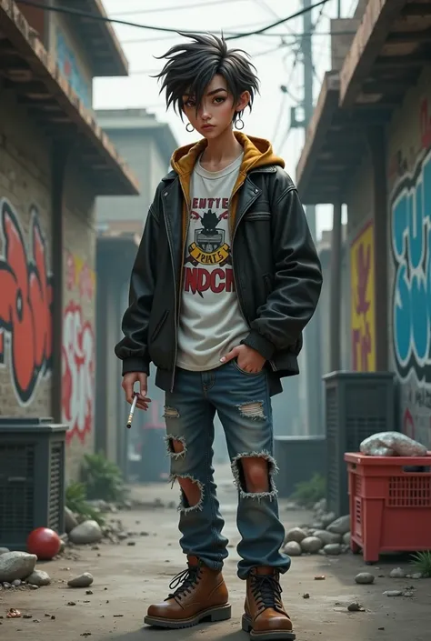 An adult in streetwear clothes smoking a cigarette
