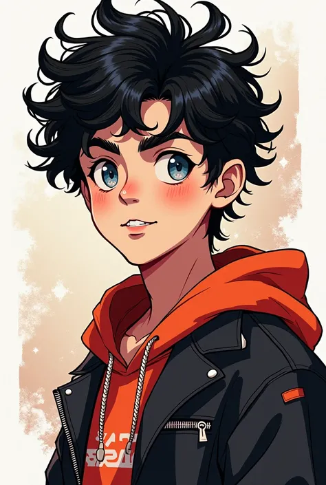 Generate manga boy (15 y. o.) with shorter curly hair and rock style