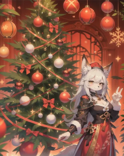 anime girl in a red dress standing in front of a christmas tree, from arknights, genshin, ayaka genshin impact, trending on artstation pixiv, arknights, characters from azur lane, christmas night, azur lane style, white - haired fox, genshin impact charact...