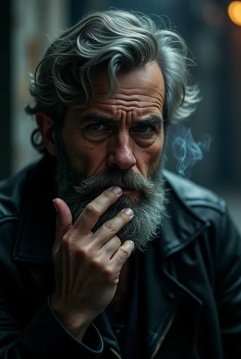 A bearded man smoking a cigarette