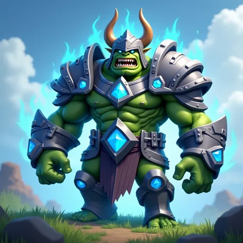 estilo clash of clans, The character is a king Ogro humanoid creature with green skin, wearing a metallic armor with glowing blue accents. The armor includes a helmet with two large, curved horns and a chest plate adorned with a blue gem. The characters fa...