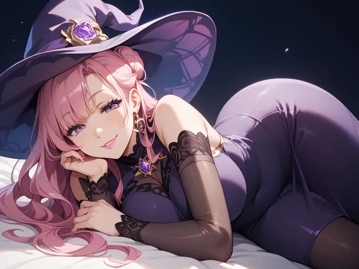 An anime witch woman with short pink hair and purple eyes laying on her side and staring at the viewer smugly, 1girl, pink hair, hair in a bun, purple eyes, smug smile, witch, dark purple dress, tight dress, dark purple witch hat, ((mature)), (((laying on ...