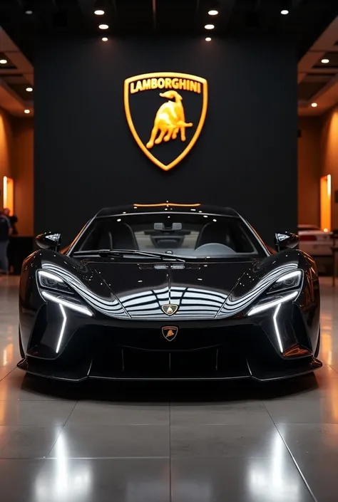 Generate a high-resolution, fully realistic image of a (Lamborghini terzo millennio) front view in (black),with a sleek and modern exterior, futuristic wheels, and a shimmering body color, displayed in a luxurious showroom with a large logo on the back wal...