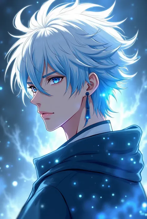 Anime man with white hair interspersed with light blue