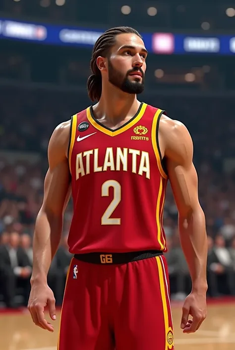  Make a white German basketball player, with braids and brown hair . with goatee. He must be 20 years old and 60 tall. With the Atlanta Hawks jersey.