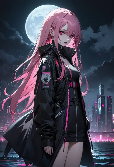 vampire girl, pink hair, long hair, night, moon, cyberpunk, gloomy, black ocean